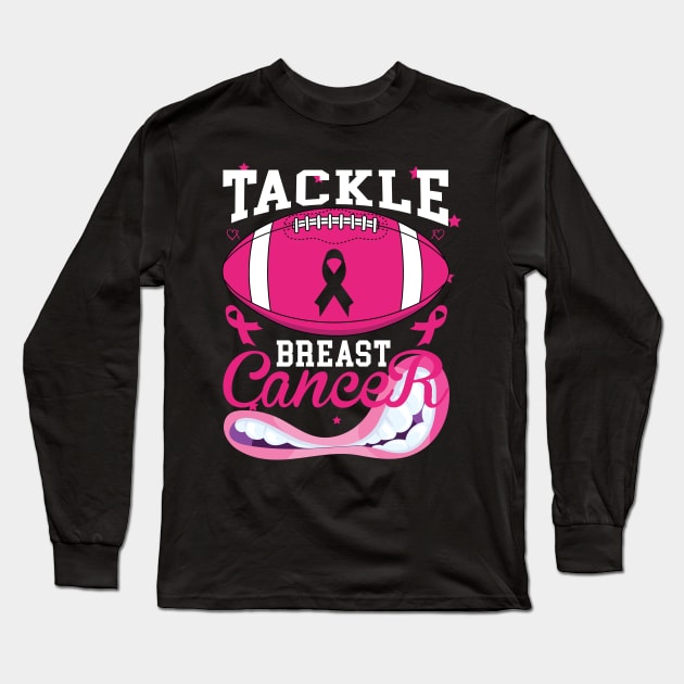 Woman Tackle Football Pink Ribbon Breast Cancer Awareness Long Sleeve T-Shirt by Flowes